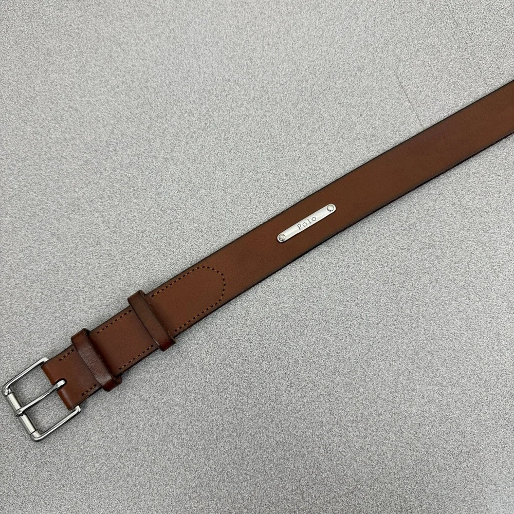 Polo Ralph Lauren Belt Mens 36 Brown Leather Plaque Logo Silver Tone Buckle